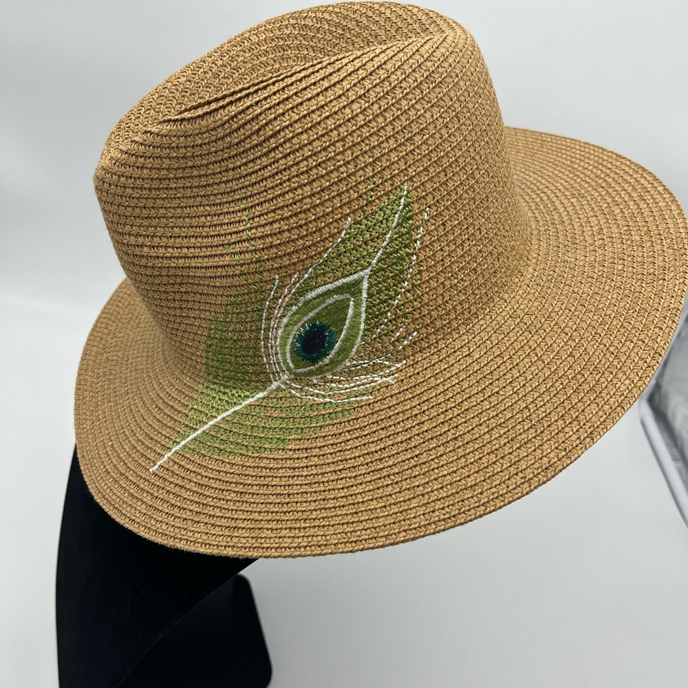 Women’s Woven straw Hat - embroidered peacock feather, adjustable, Boho Sun Hat
